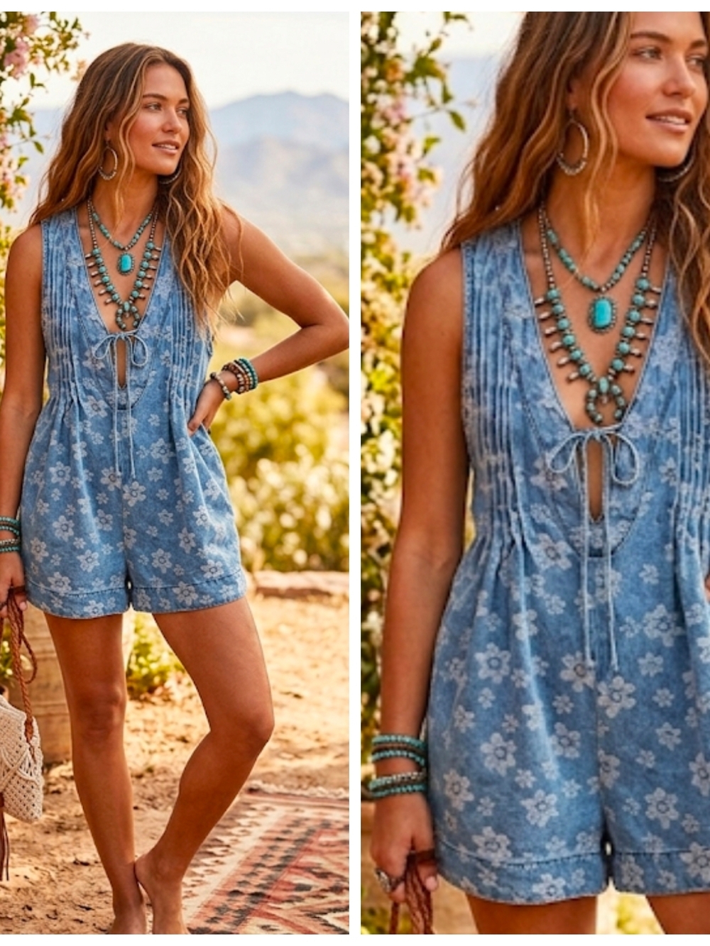 Women’s Blue Floral Denim Romper Jumpsuit